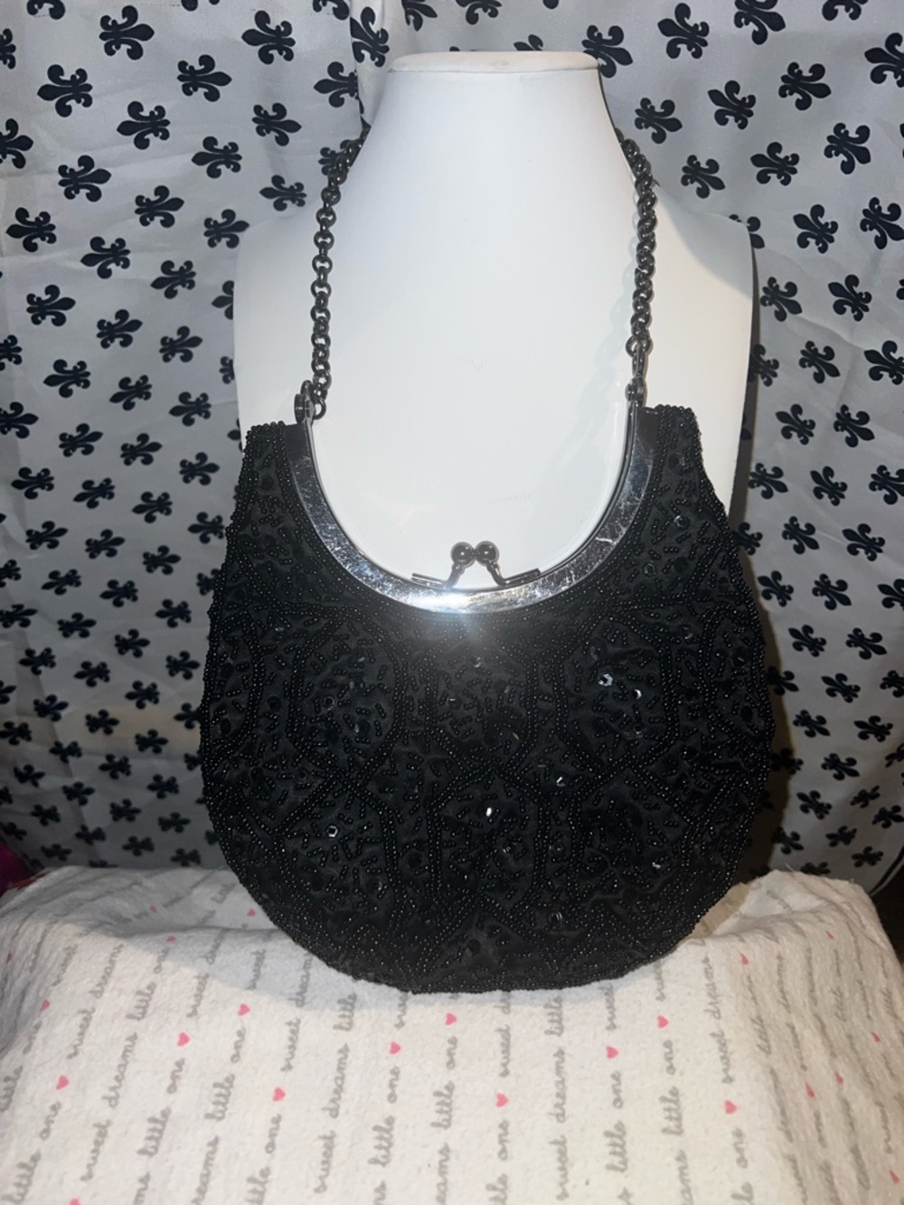 Vintage Elegant Black Beaded Evening Shoulder Bag